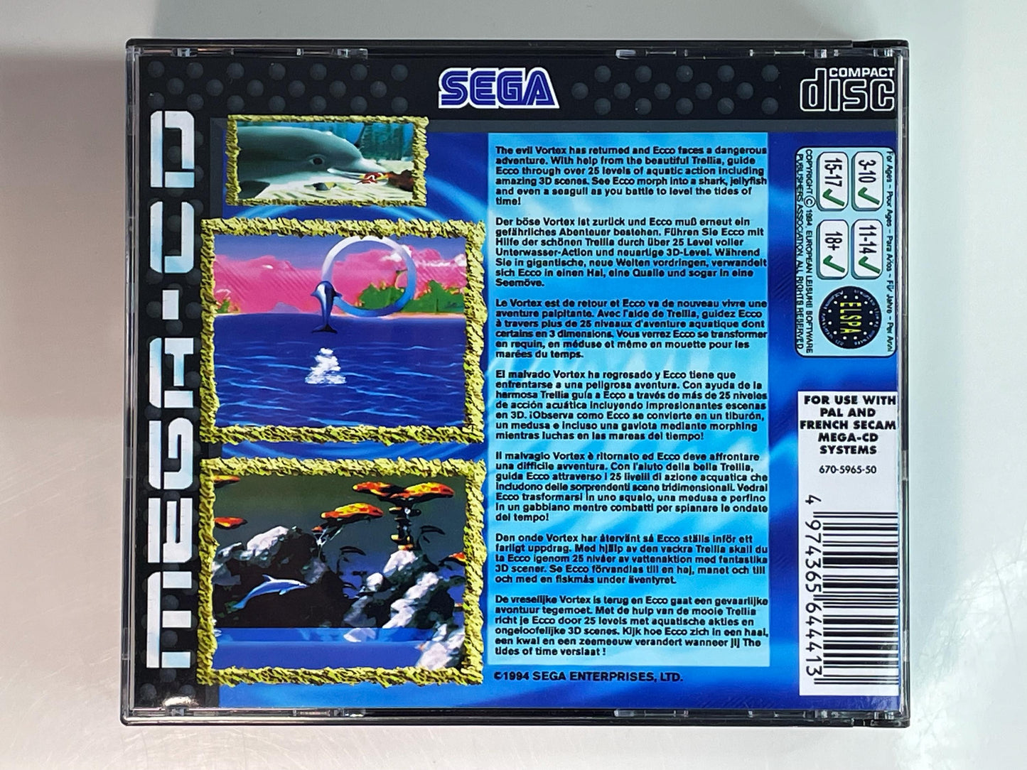 Ecco the Dolphin Tides of Time PAL Mega CD Reproduction/Replacement Case, Disc and Manual