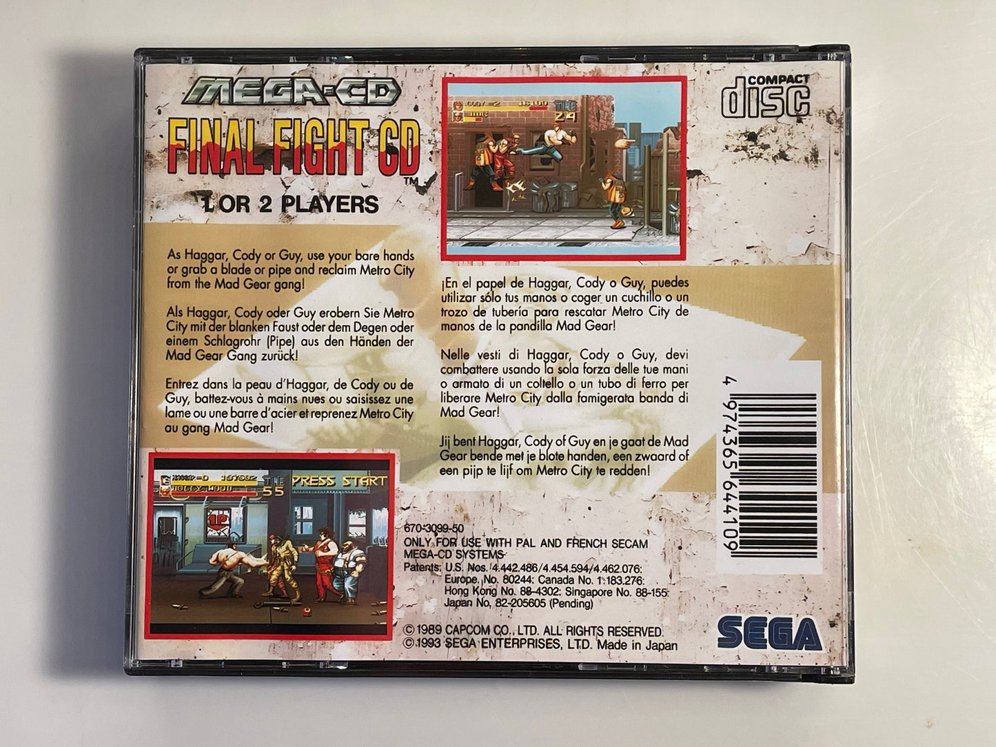 Final Fight CD PAL Style MegaCD Jewel Case and Manual reproduction.