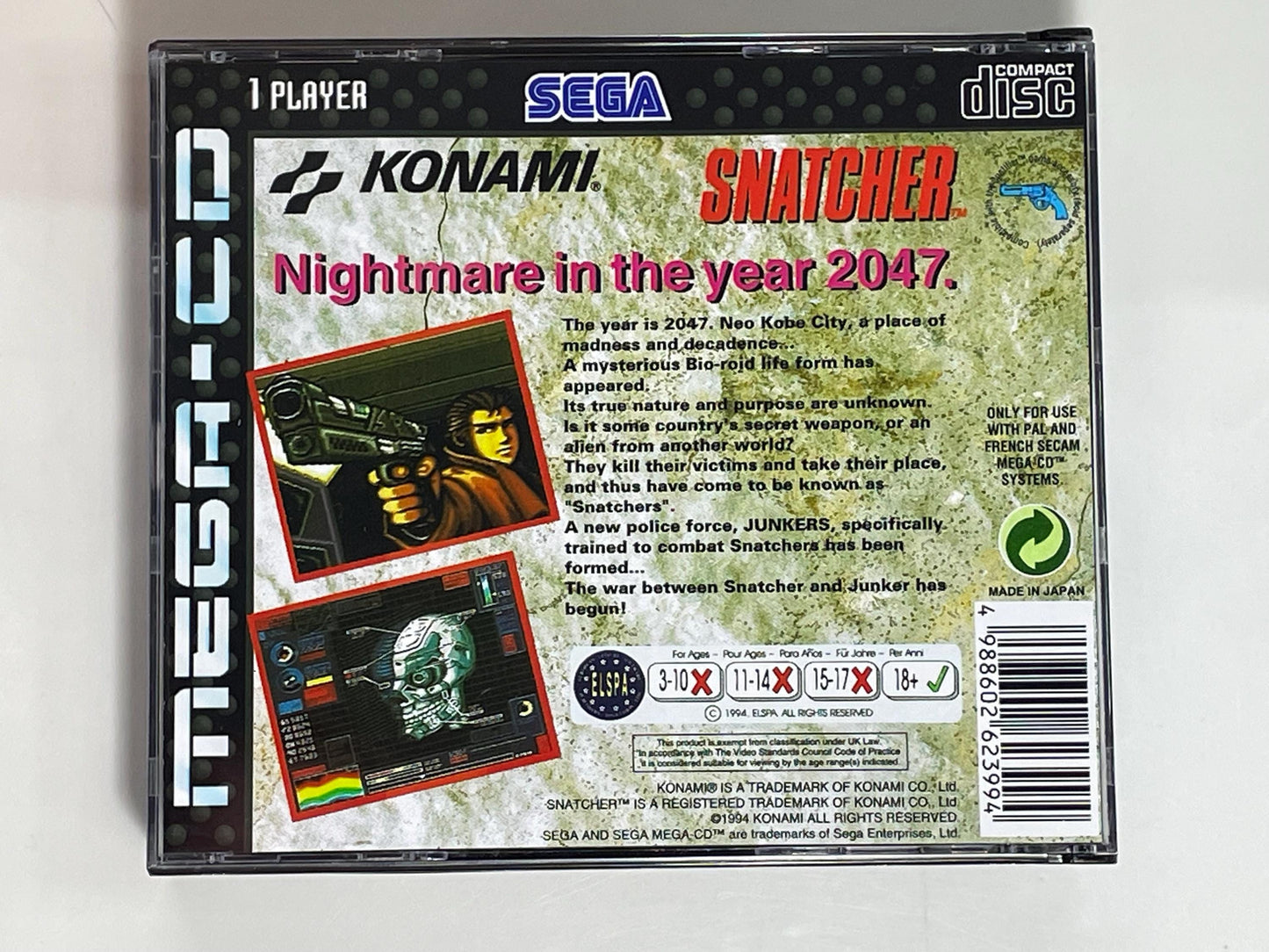 Snatcher PAL Mega CD Reproduction/Replacement Case, Disc and Manual
